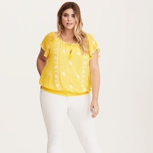 Torrid Yellow Embroidered Floral Short Sleeve Blouse